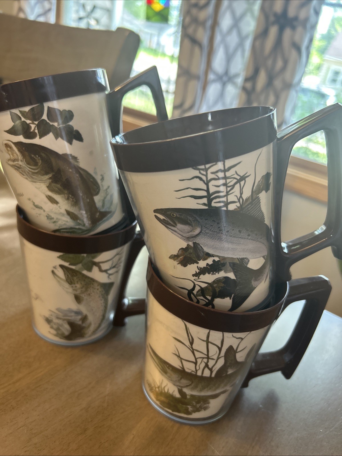 Lot 4 Vtg MCM Flambeau Double Wall Fish Mugs Bass Trout Muskie Fishing