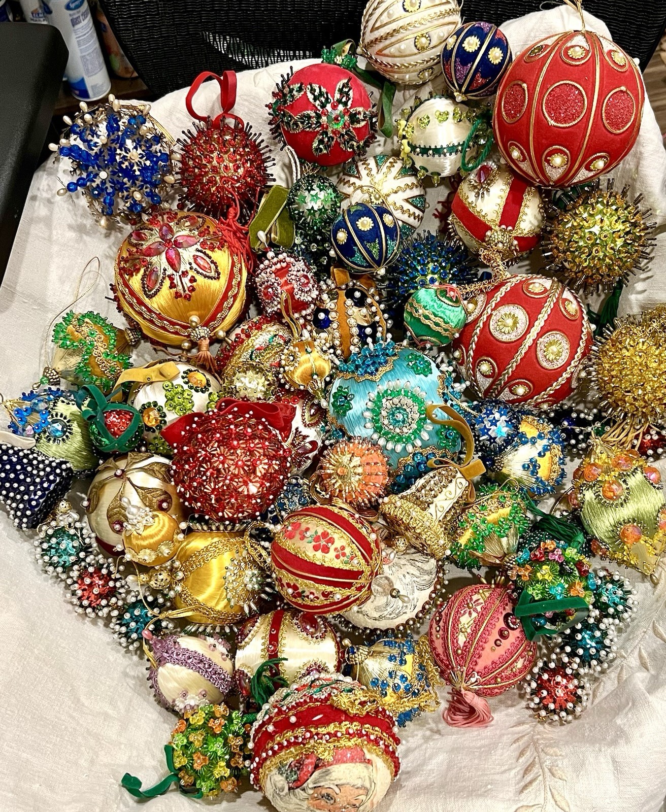 Vintage Handmade Push Pin Satin  Beaded Christmas Sequin Ornament Lot Of 54