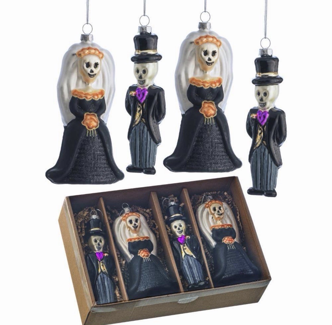 Regency International Skeleton Bride & Groom Glass Ornament, 4 Pack, 5.5” Tall