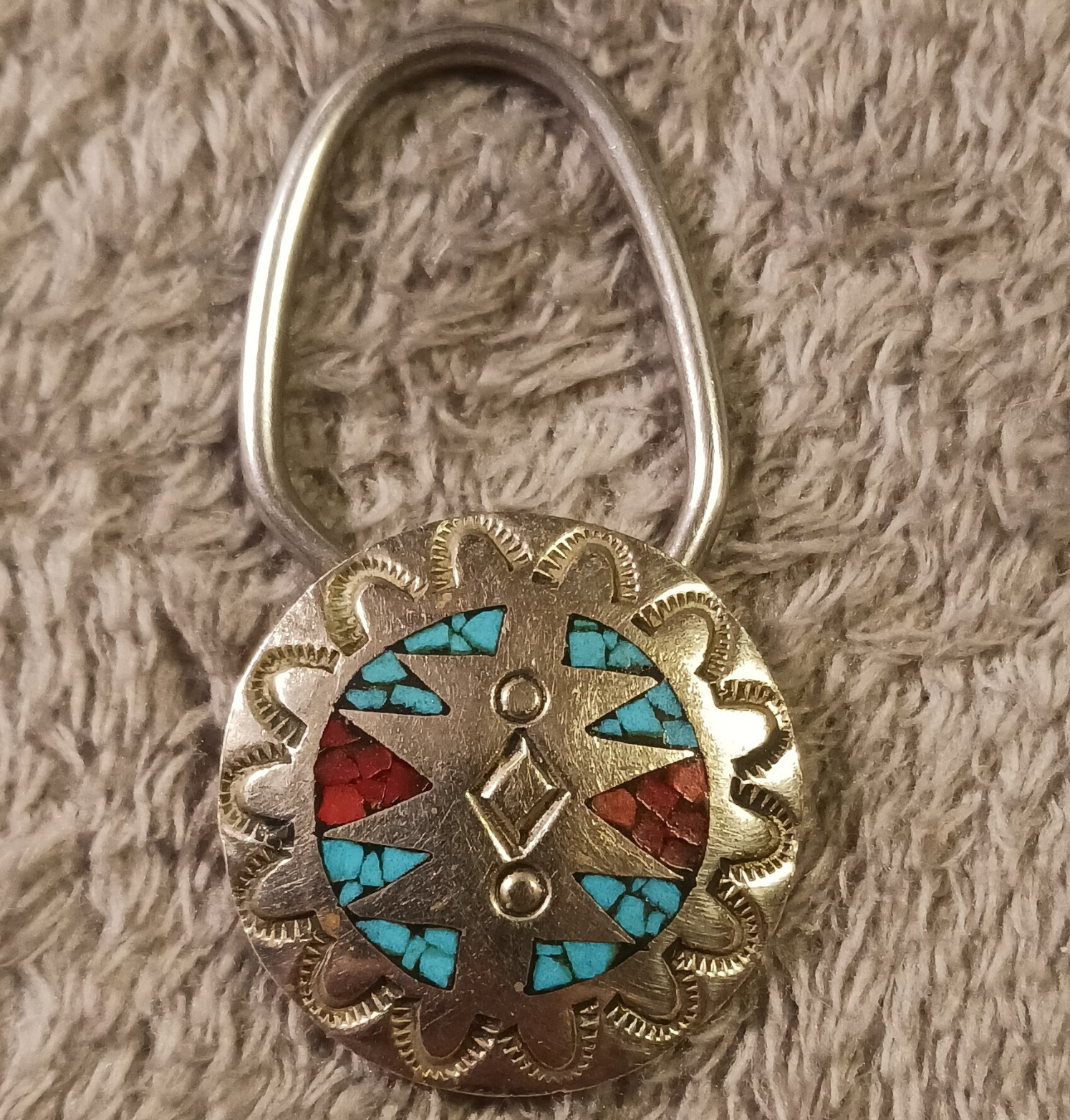 Bennett Pat. Pend. C-31 Metal Keychain Key Ring Southwestern Turquoise Red Inlay