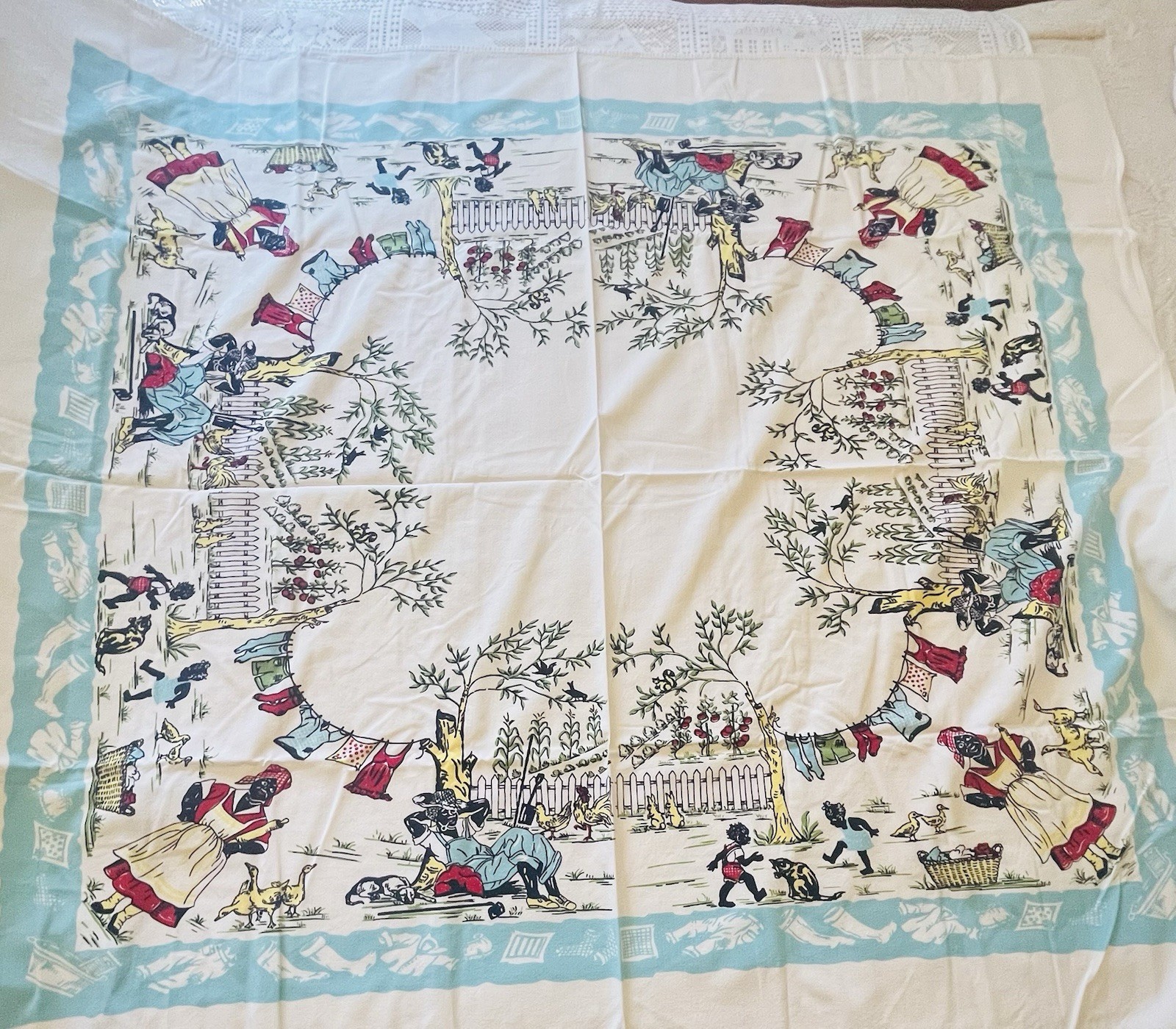 Vintage 1940s-50s Tablecloth Clothesline Domestic Scene Black America 45x50