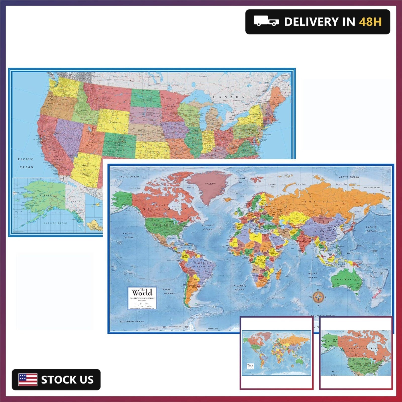 24x36 World and USA Classic Premier 3D Two Wall Map Set (Paper Folded)