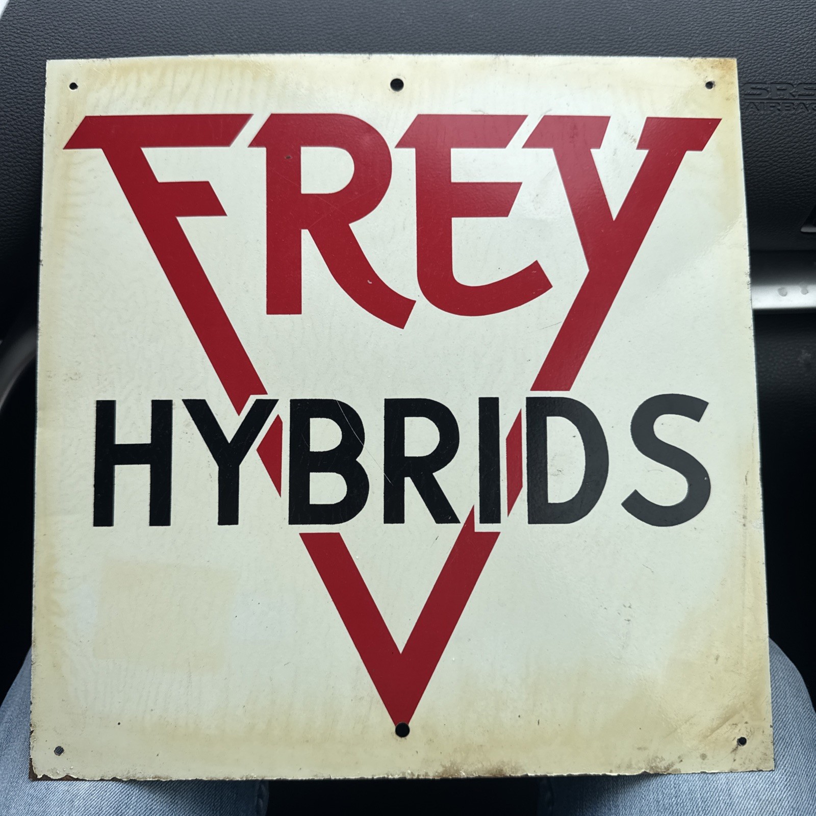 Original Vintage Frey Hybrids Metal Sign Green Back