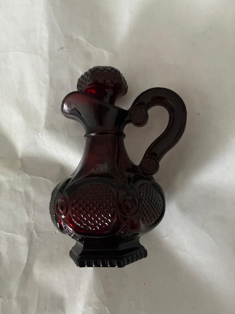 Vintage Avon 1876 Cape Cod Ruby Red Glass Cruet Bottle w/ Stopper Bath Oil label Vintage Avon 1876 Cape Cod Ruby Red Glass Cruet Bottle w/ Stopper Bath Oil label