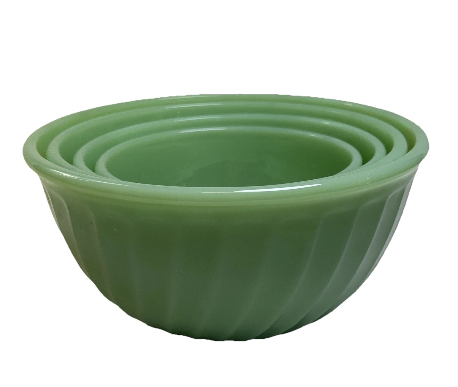 Vtg Anchor Hocking Fire King Jadeite Set of 4 Nested Swirl Pattern Mixing Bowls