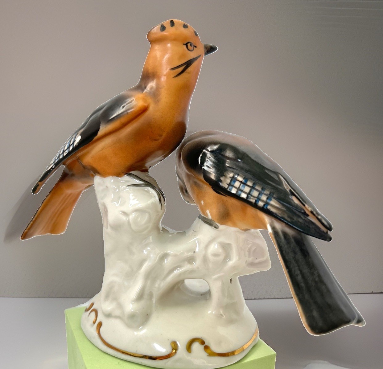 German Erphila Antique Decorative Figurine Golden Cedar Waxwing Birds Porcelain 