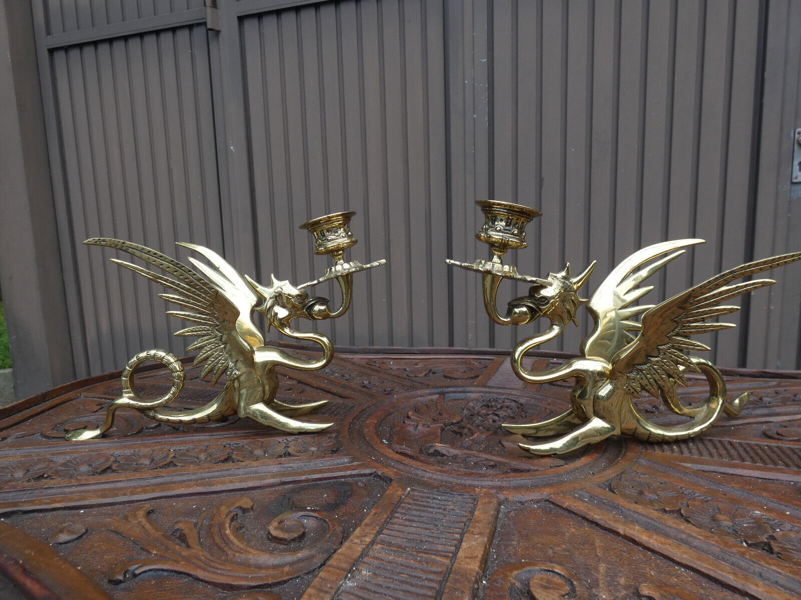 PAIR bronze dragon candle holders