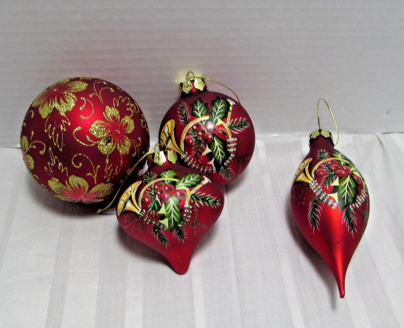 3 Matching Holly Berry Trumpet Red Glass Ornaments Handblown Christmas