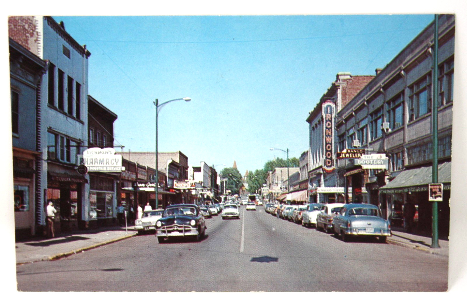 Ironwood Michigan MI Aurora Street Scene Classic 1950s Cars Vintage Postcard