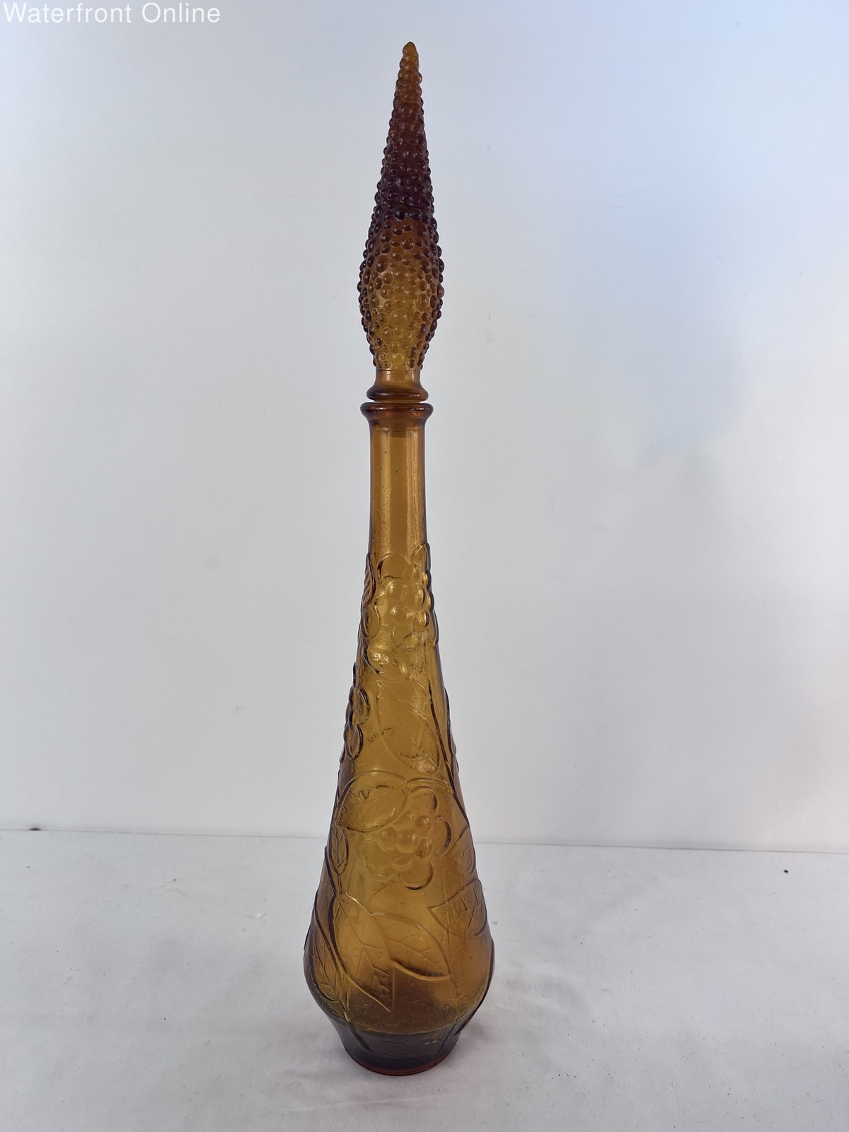 Vintage MCM Empoli Amber Glass Genie Bottle Decanter Embossed Floral 22” Italy