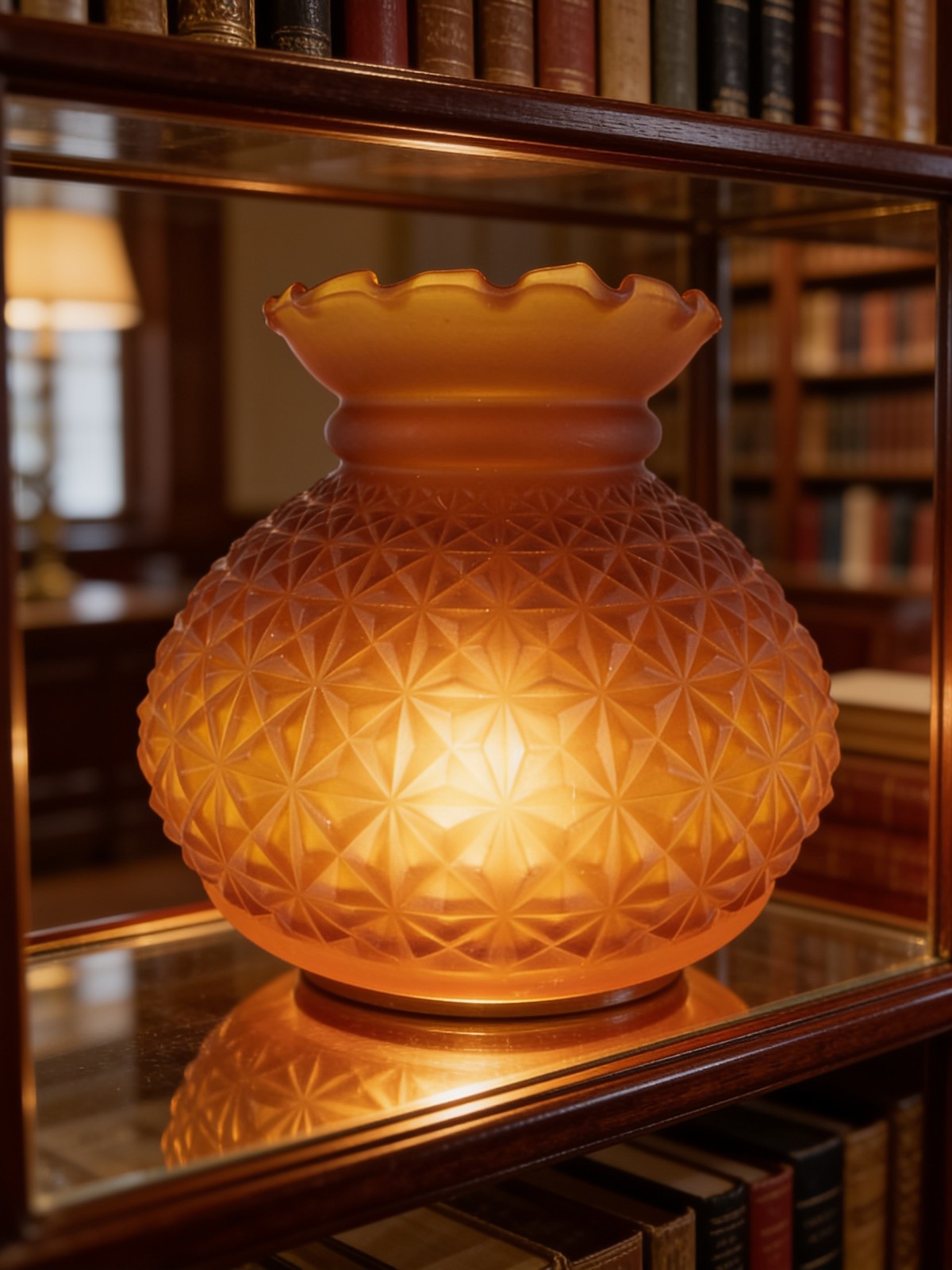 Vintage Fenton Frosted Amber Glass Diamond Cut Hurricane Lamp Shade