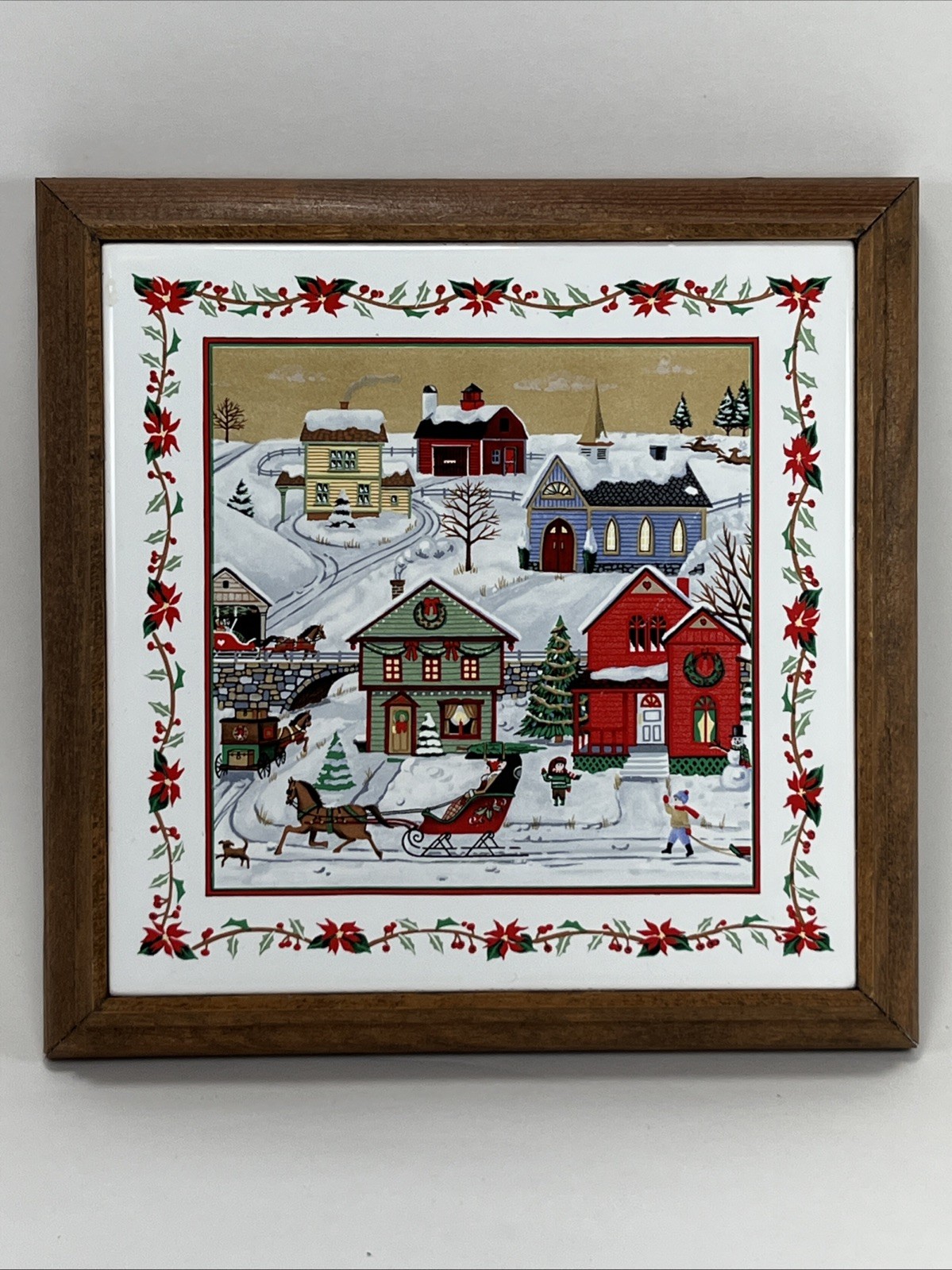 VTG Russ Christmas Village Ceramic Tile Wall Trivet  Folk Rustic Cottagecore