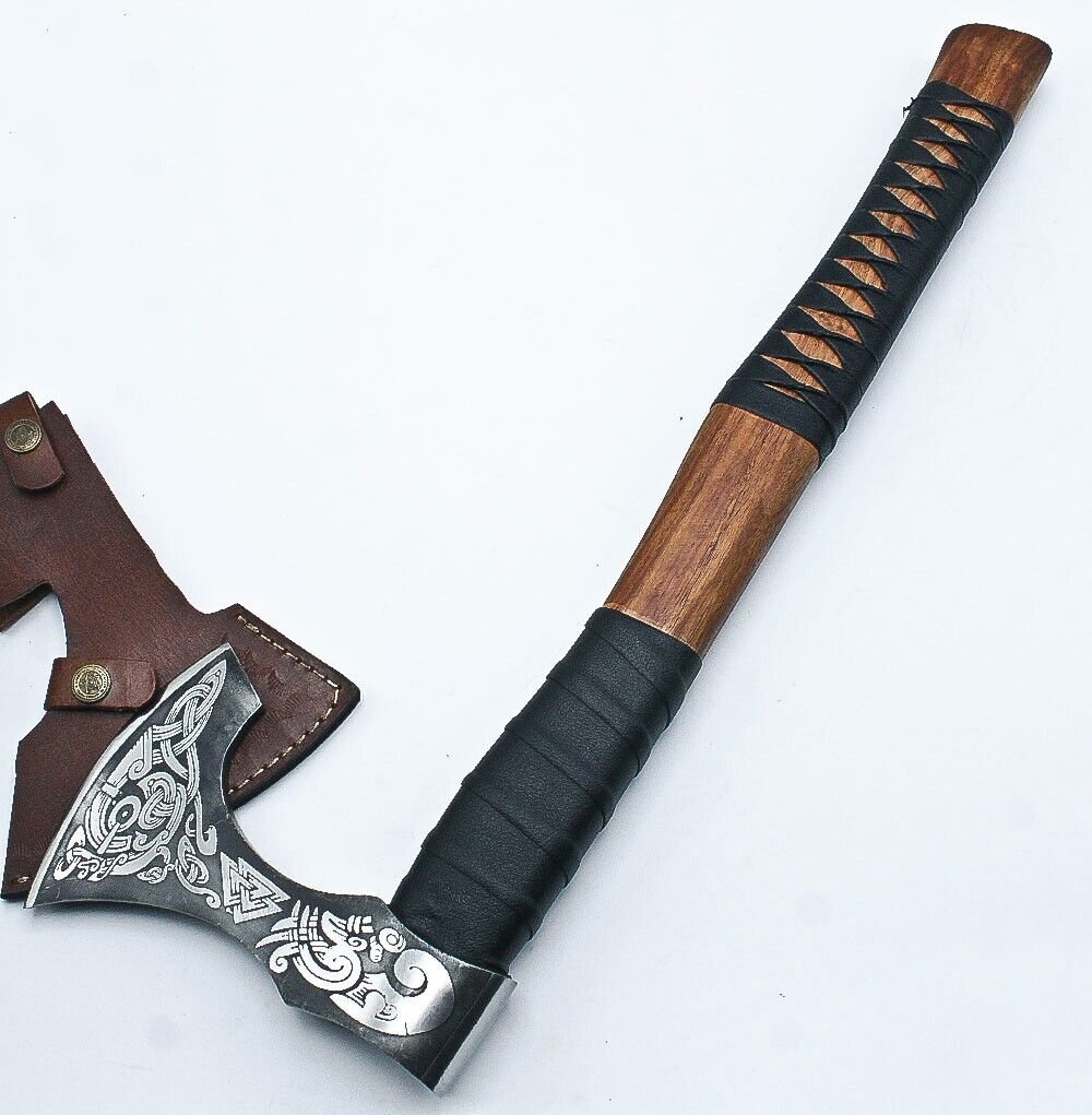 Handmade Etched Carbon Steel Blade Viking Throwing Axe - Leather Wrapped Handle
