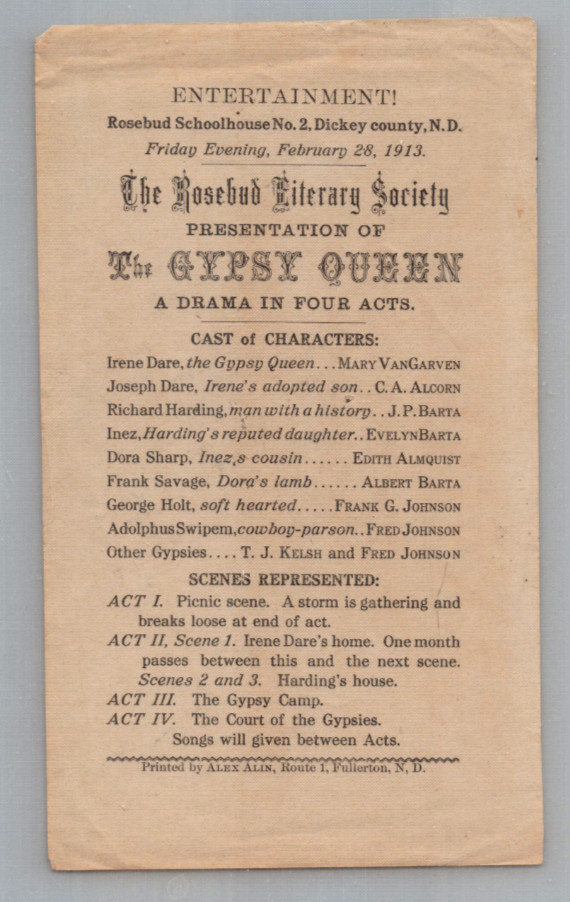 Program Rosebud Schoolhouse No 2 Dickey County North Dakota The Gypsy Queen 1913