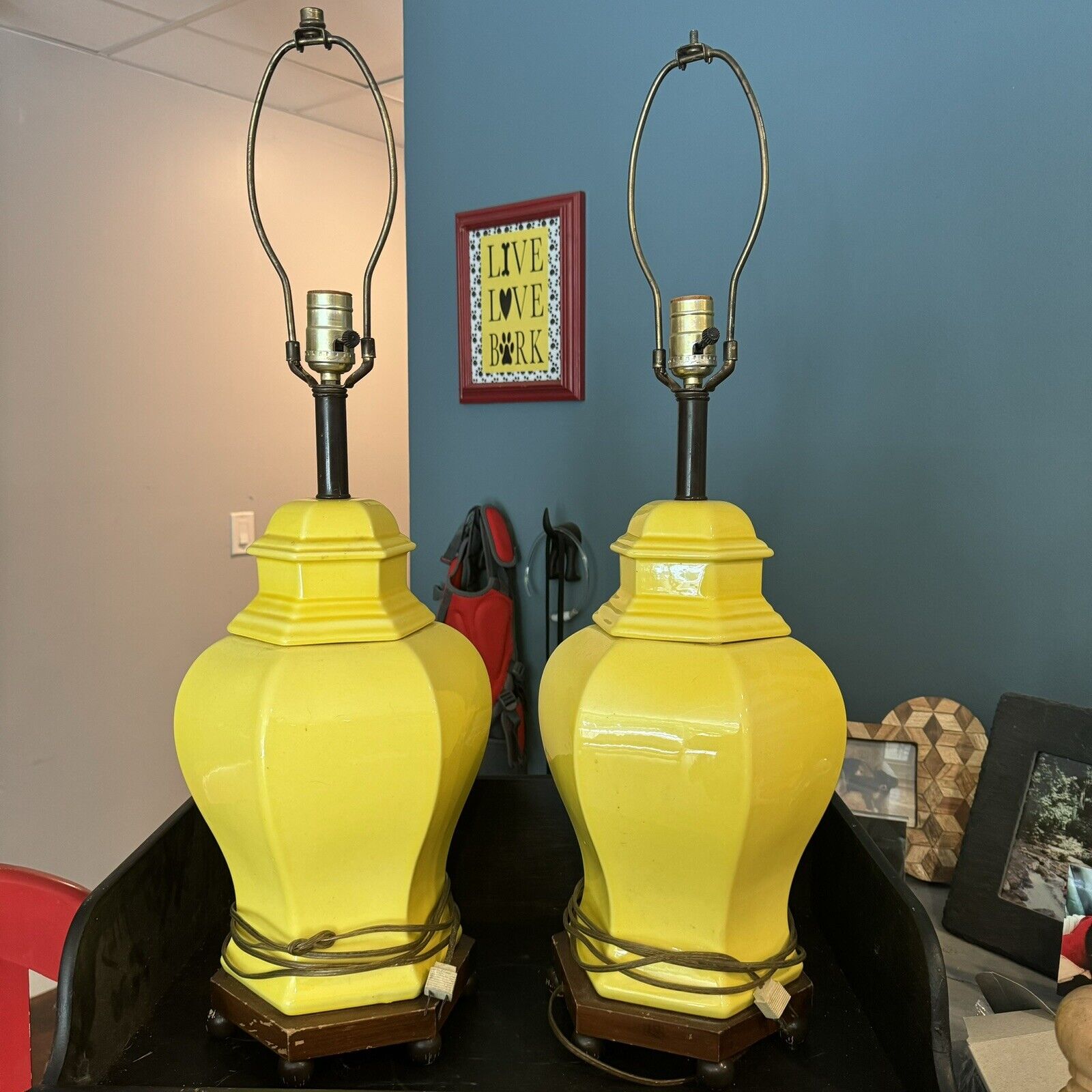 Vintage Pair Of 70's Ceramic Yellow TAble Accent Lamps MCM