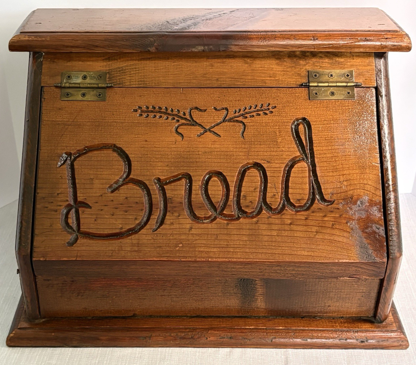 Solid Wood Bread Box-Carved Script “Bread” & Wheat Motif-18Lx12Hx11.25W-1950s