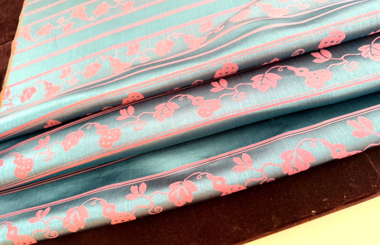 1 Yard Antique 19th C Fine Lyon Silk Satin Brocade Fabric Teal & Lavender B374