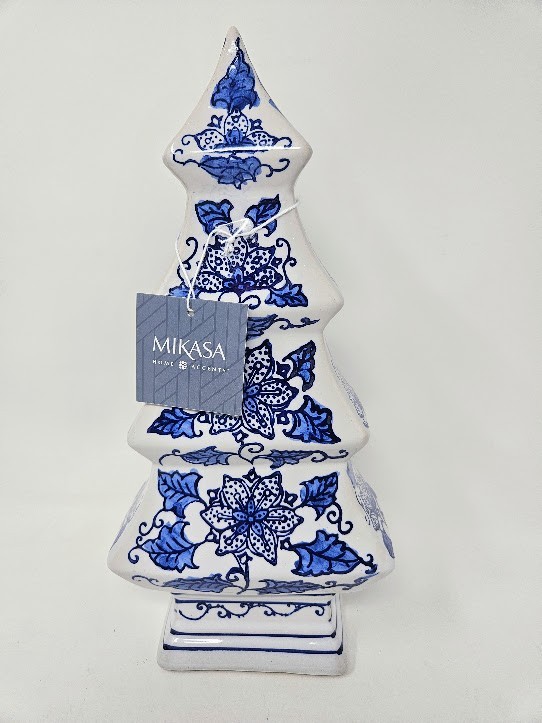 Mikasa Blue & White Ceramic Daisy Chinoiserie Christmas Tree Figurine 12”, NWT