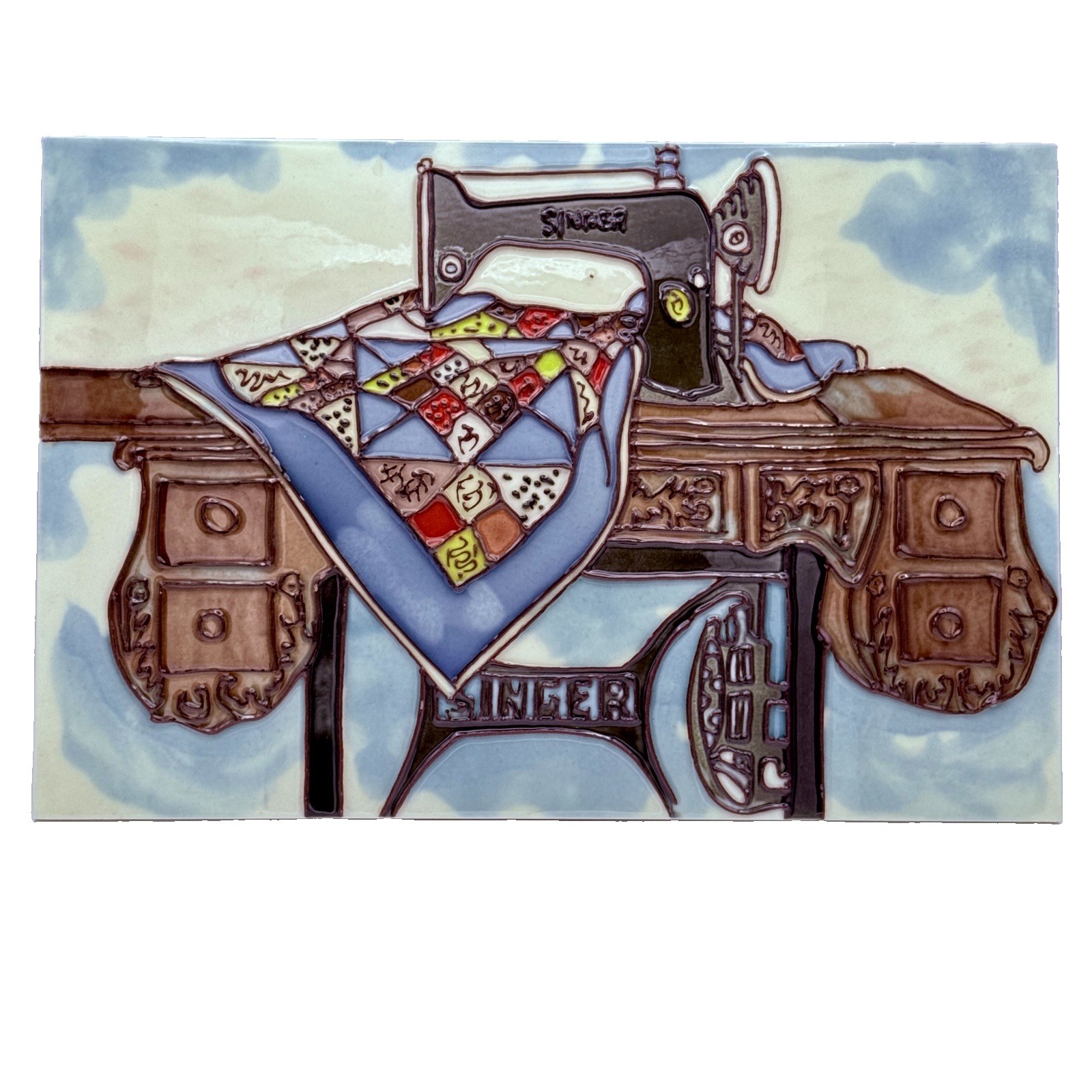 Benaya Ceramic Art Tile Times Gone By Vintage Singer Sewing Machine Quilt