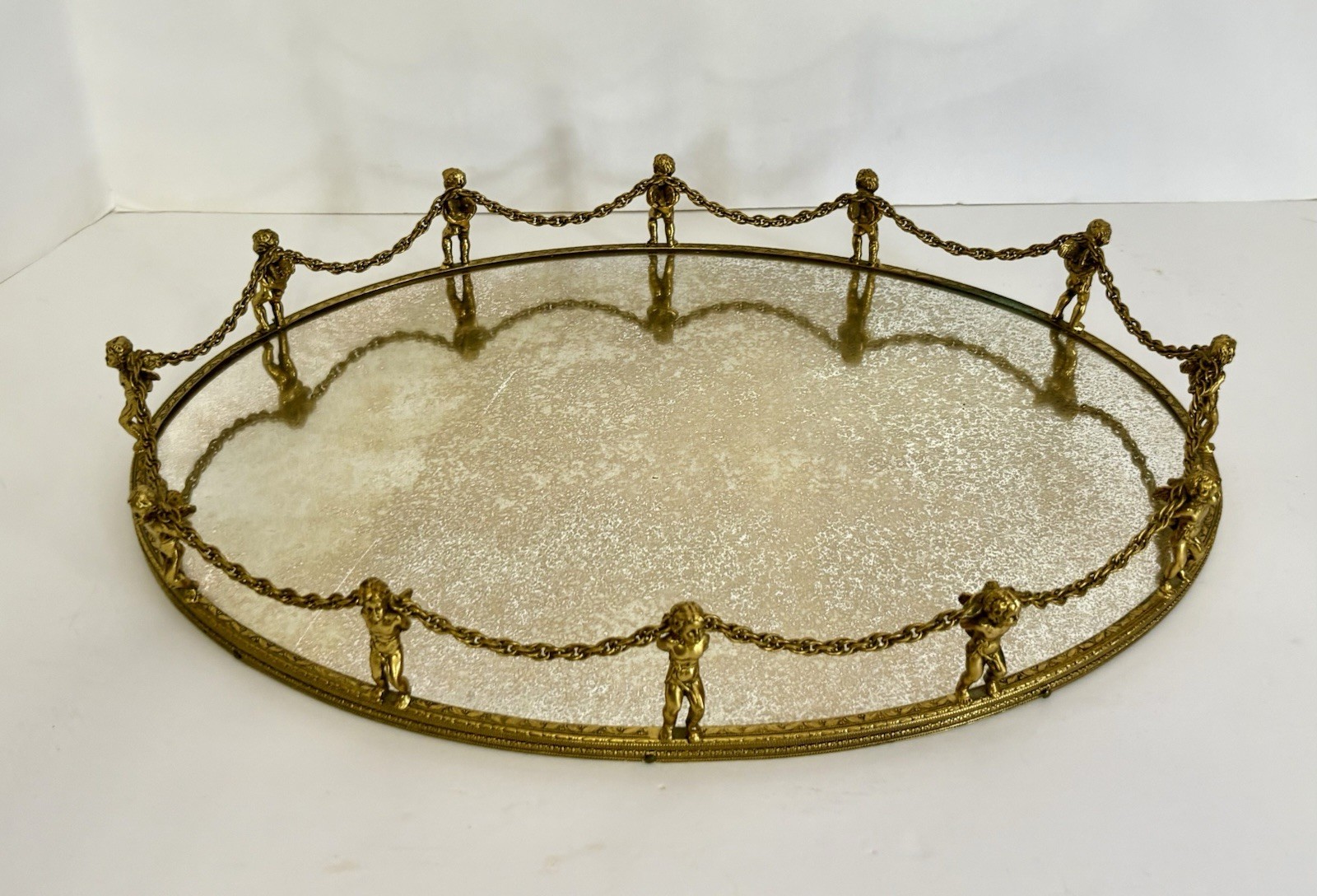 Vintage Globe 24k Plated Cherub/Putti Vanity/ Dresser Mirror Tray
