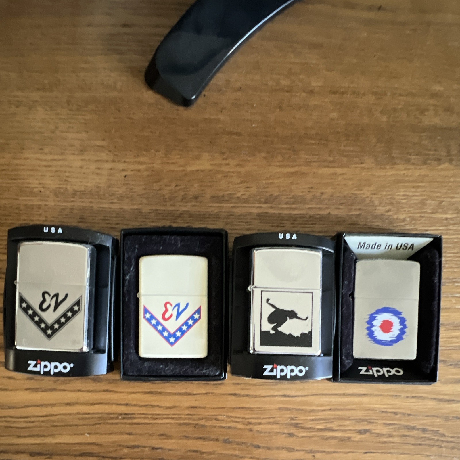 Zippo Lot of 4 USA Made Lighters w/ Boxes EN Logo Skier & Target Designs