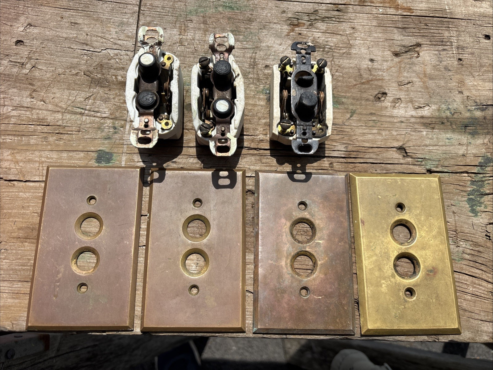 Vintage Push Button Light Switches (2) & (4) 2 Button Brass Face Plates, One Lot