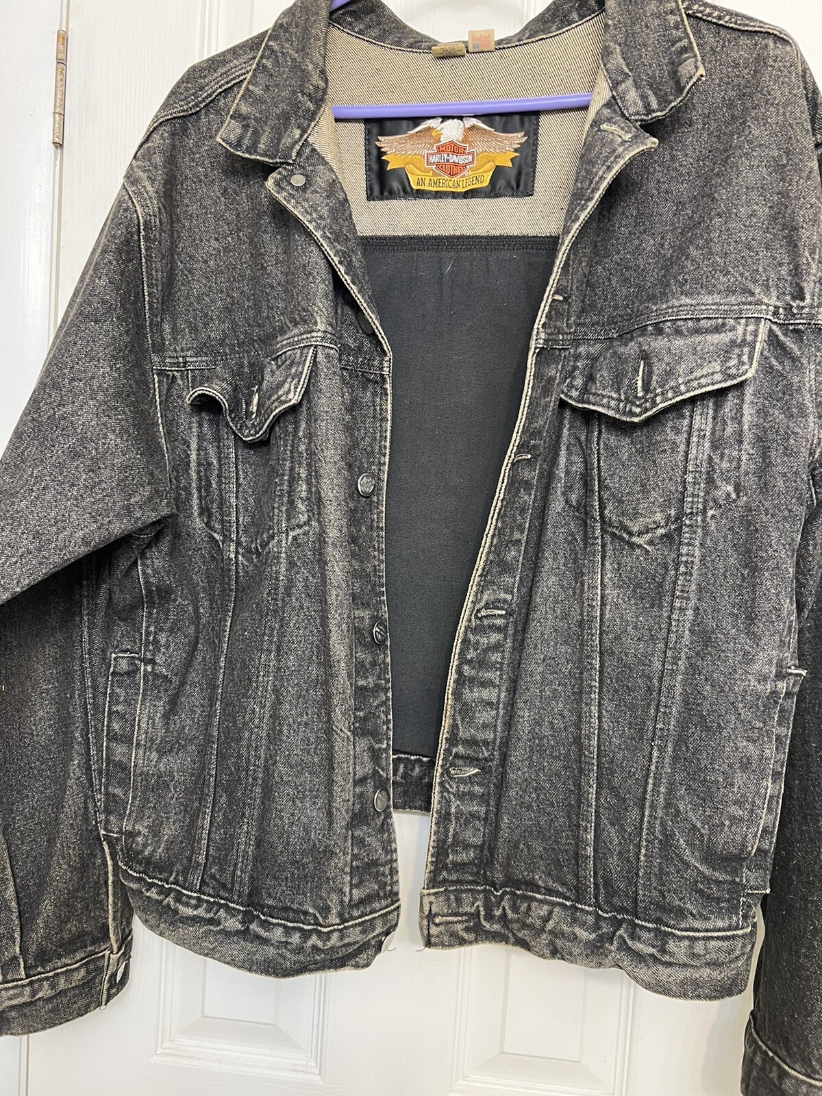 VTG HARLEY DAVIDSON BLACK DENIM AND LEATHER JACKET 90th Anniversary 1903-1993 Lg VTG HARLEY DAVIDSON BLACK DENIM AND LEATHER JACKET 90th Anniversary 1903-1993 Lg