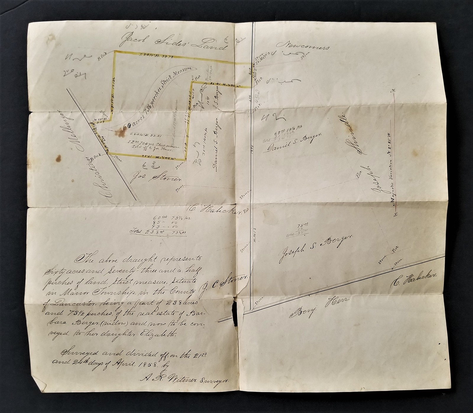 1858 antique HAND DRAWN PLAT MAP lancaster pa Eliz SAPPER now to Jacob SEITZ