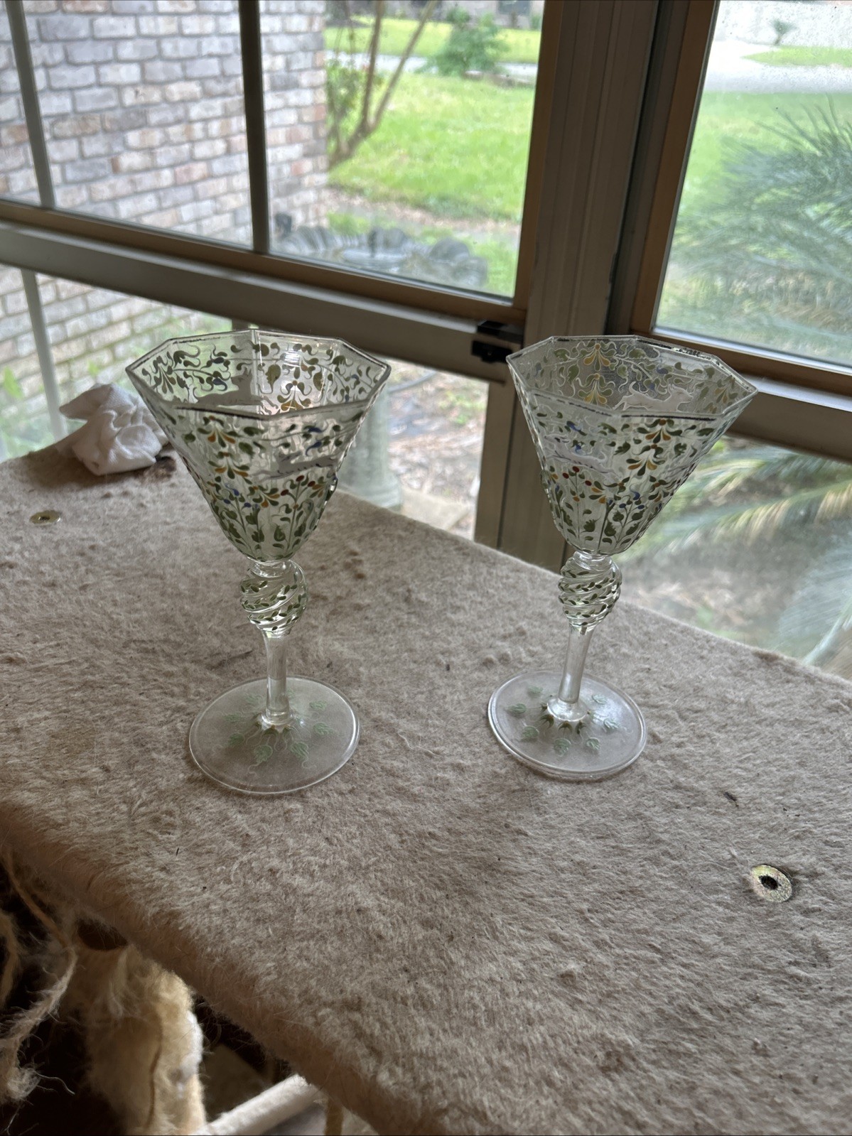 2 Wine Stems Moser Salvati Canine & Foliate Glass c1900's Antique A