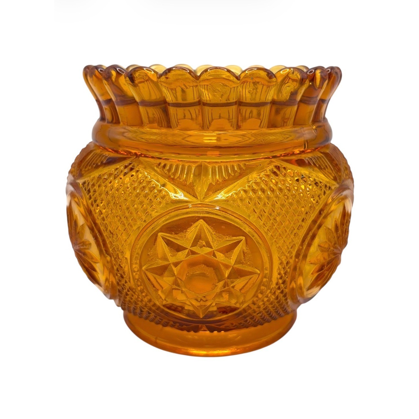 EAPG Amber Glass Vase Candle Holder Star Medallion Scallop Rim Celestial 4.5\