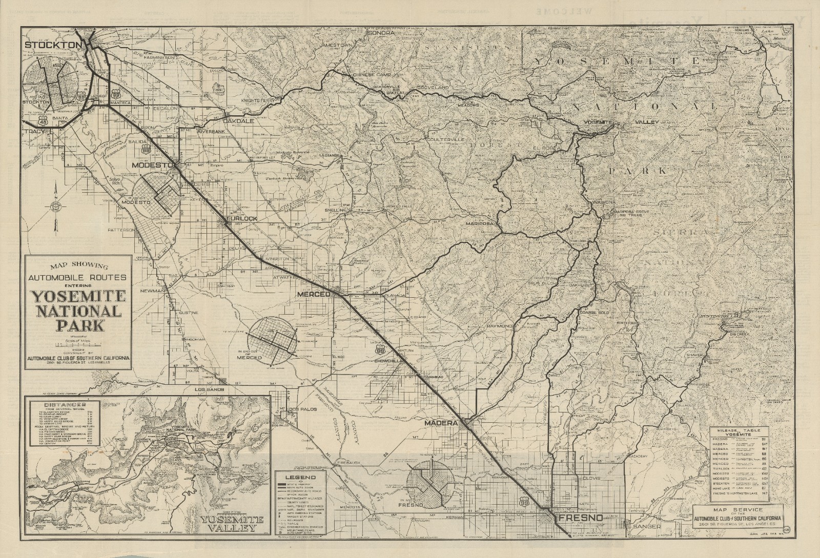 c. 1927 Rare ACSC \'Map showing automobile routes... Yosemite National Park\' c. 1927 Rare ACSC \'Map showing automobile routes... Yosemite National Park\'