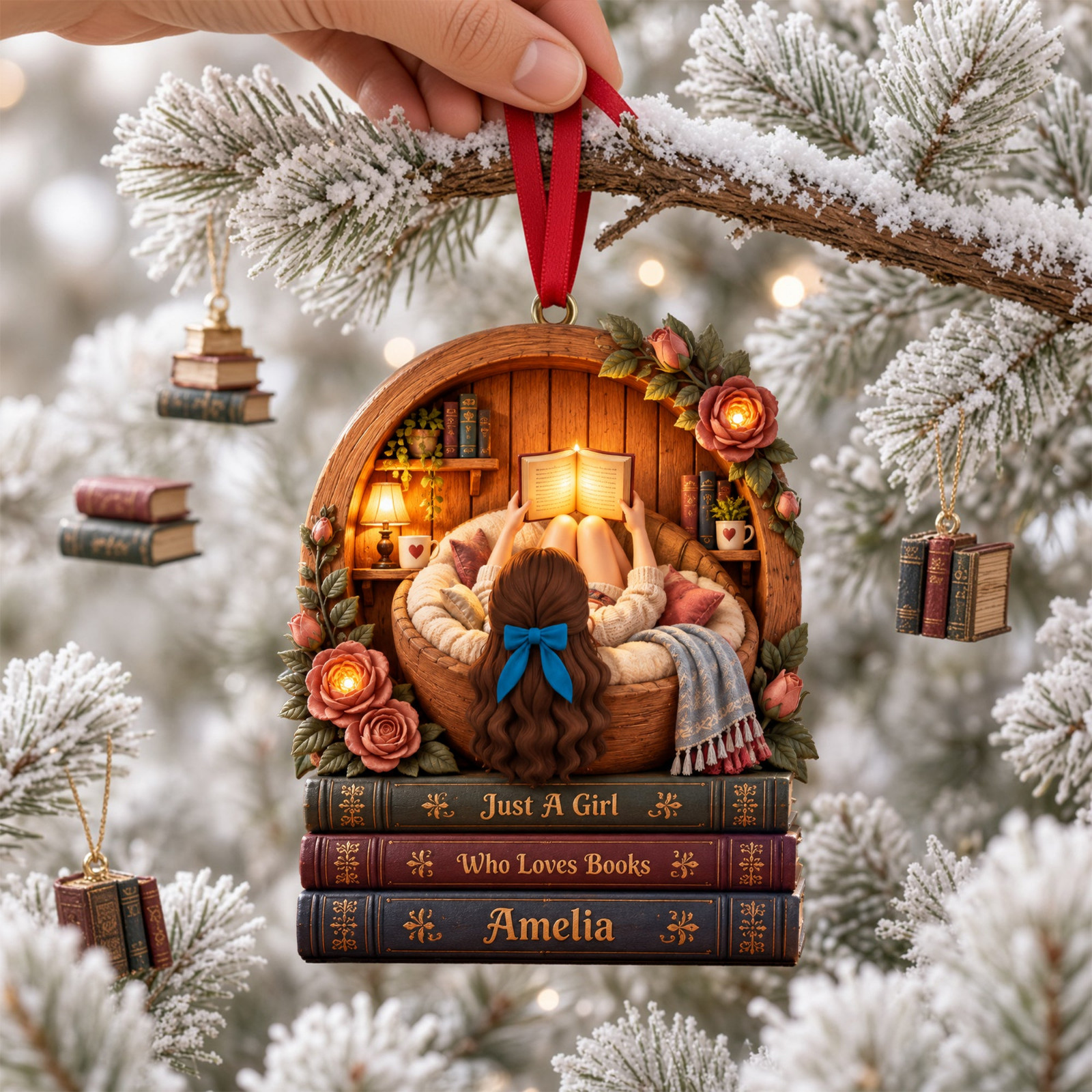 Personalized Girl Reading Books Christmas Ornament Librarian Lover Ornament Gift