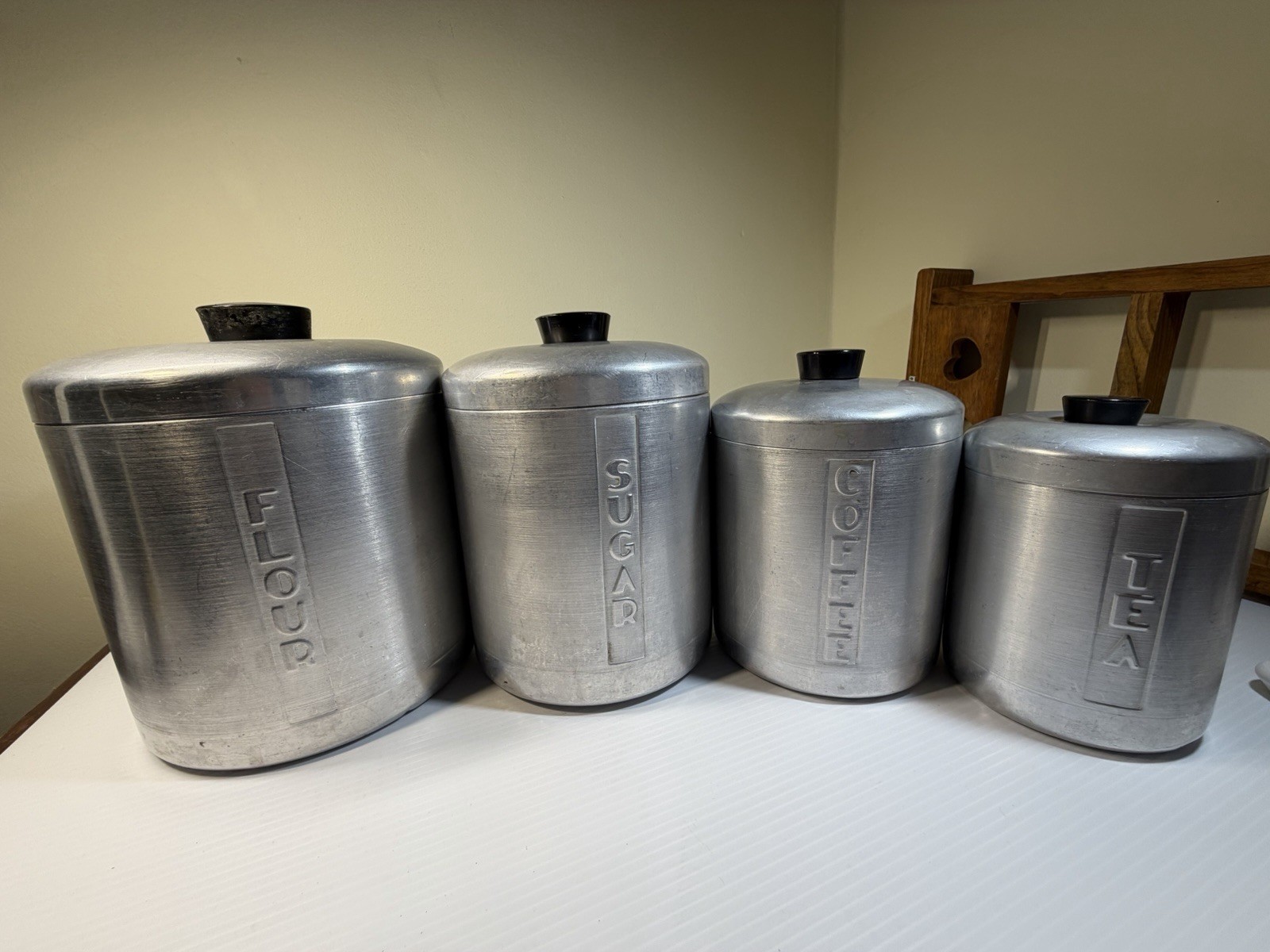 Vintage 1950 MCM Brushed Aluminum Canister Set 4 Flour Sugar Coffee Tea Atomic