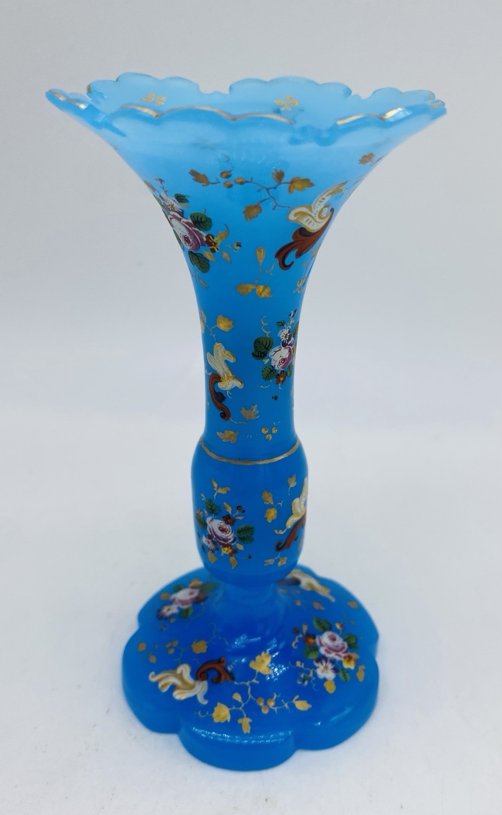 ca.1880’s Fine French BACCARAT Cut Blue Opaline Glass Vase Floral Enamel