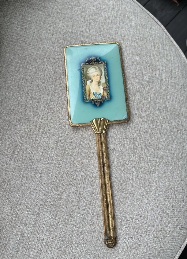 Vintage French Vanity Mirror Blue Enamel Celluloid Miniature Portrait Brass Vintage French Vanity Mirror Blue Enamel Celluloid Miniature Portrait Brass