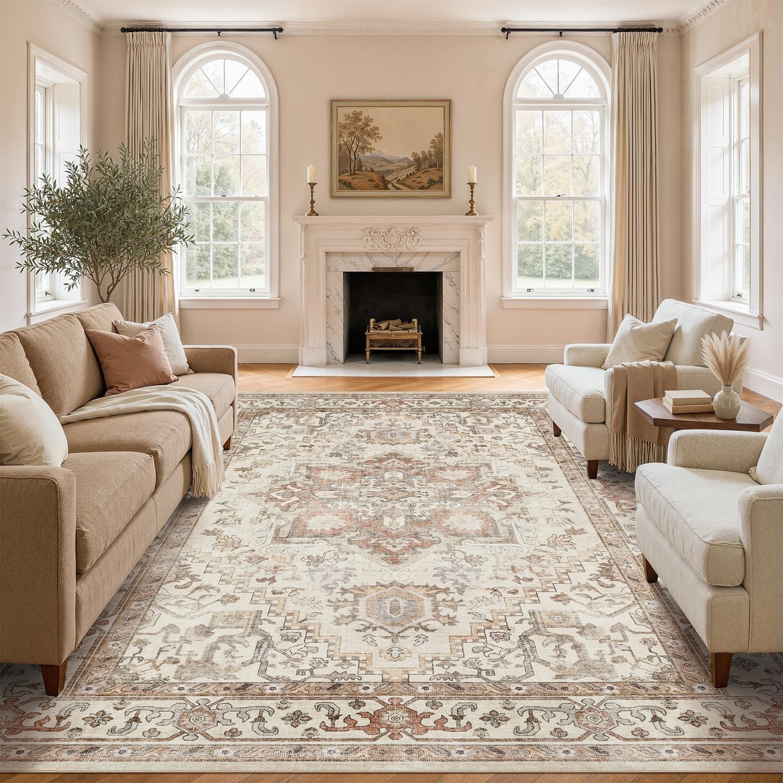 Washable Rug 10x14 Area Rugs: Boho Vintage Distressed Oriental Medallion Neut...
