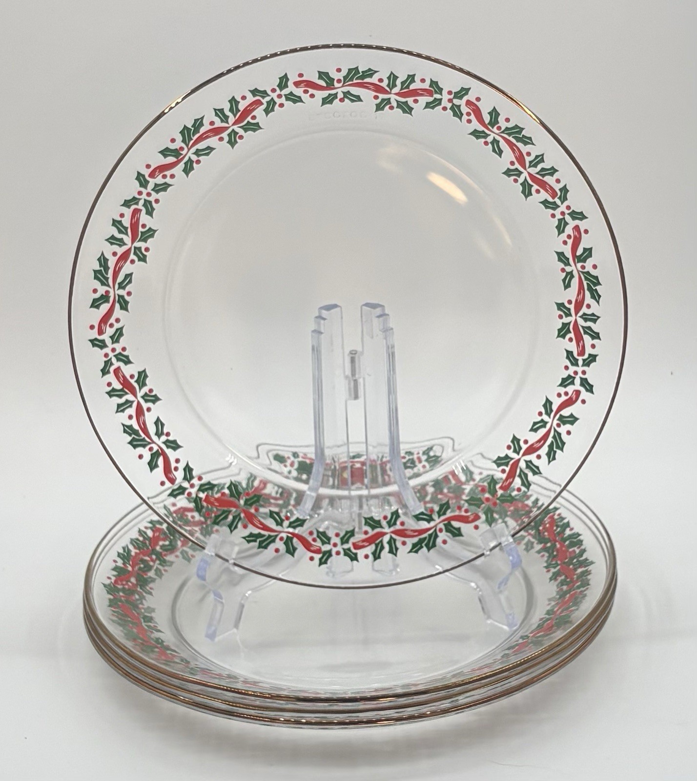 Arby’s Christmas 1980’s ARCOROC Red Ribbon Holly Glass 4 Salad Lunch Plates