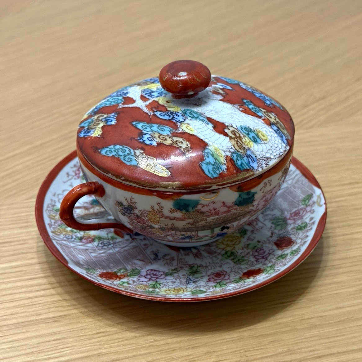 Vintage Japan Porcelain Lidded Teacup Saucer Geisha Garden Red Gold Fine China Vintage Japan Porcelain Lidded Teacup Saucer Geisha Garden Red Gold Fine China