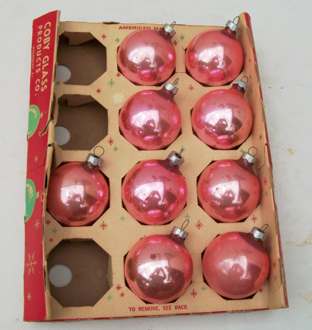 9 Vintage COBY SOLID PINK CHRISTMAS ORNAMENTS Xmas Holiday Glass Balls Lot USA**