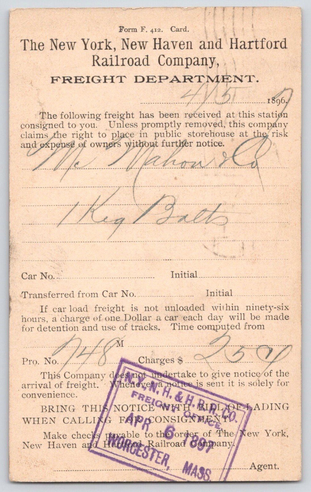 1896 New York New Haven & Hartford Railroad Company Freight Dept. Postcard