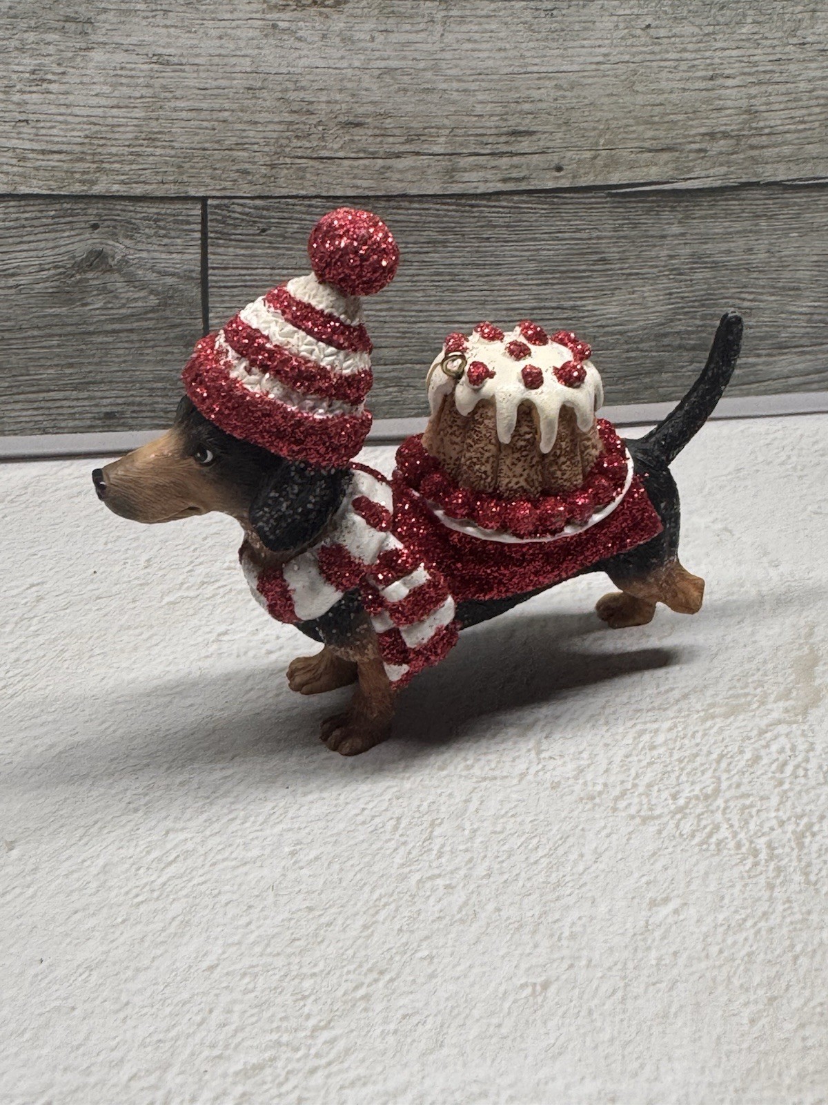 Christmas Dachshund Dog Figurine Red Glitter Hat Scarf Cake Holiday Decor