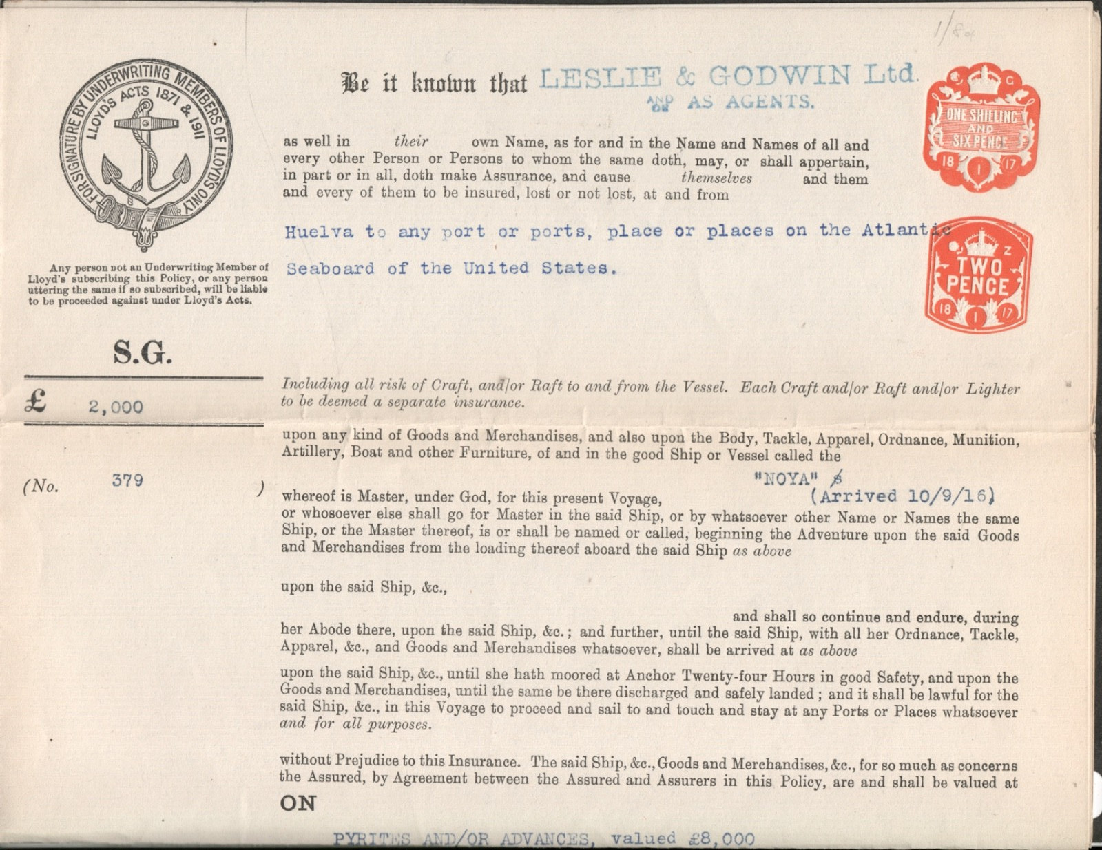 1916 SS Steam Ship NOYA British Insurance Policy to US Document Letter 1916 SS Steam Ship NOYA British Insurance Policy to US Document Letter