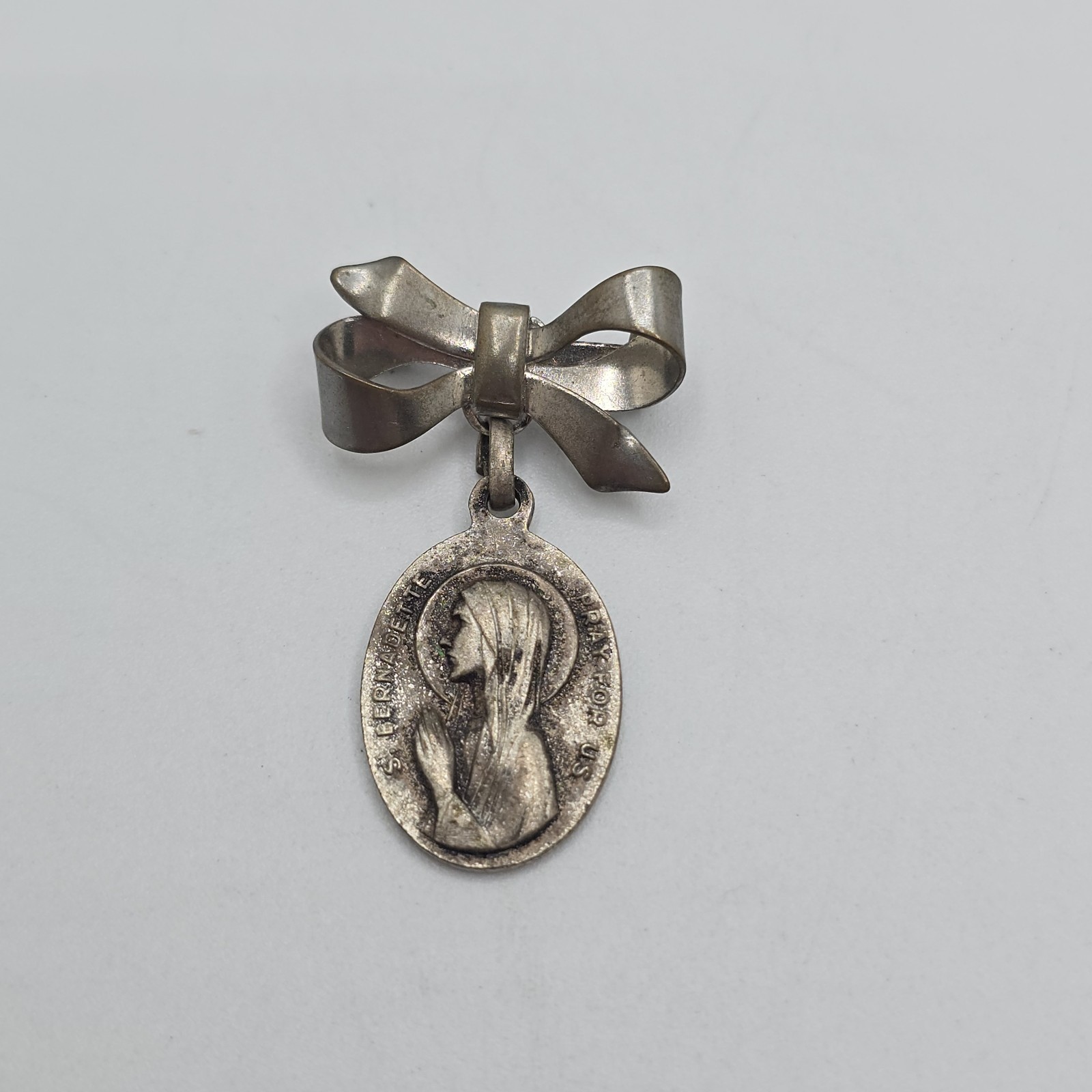 St. Bernadette Brooch Medal Our Lady of Lourdes Bow Religious Vintage 1.50