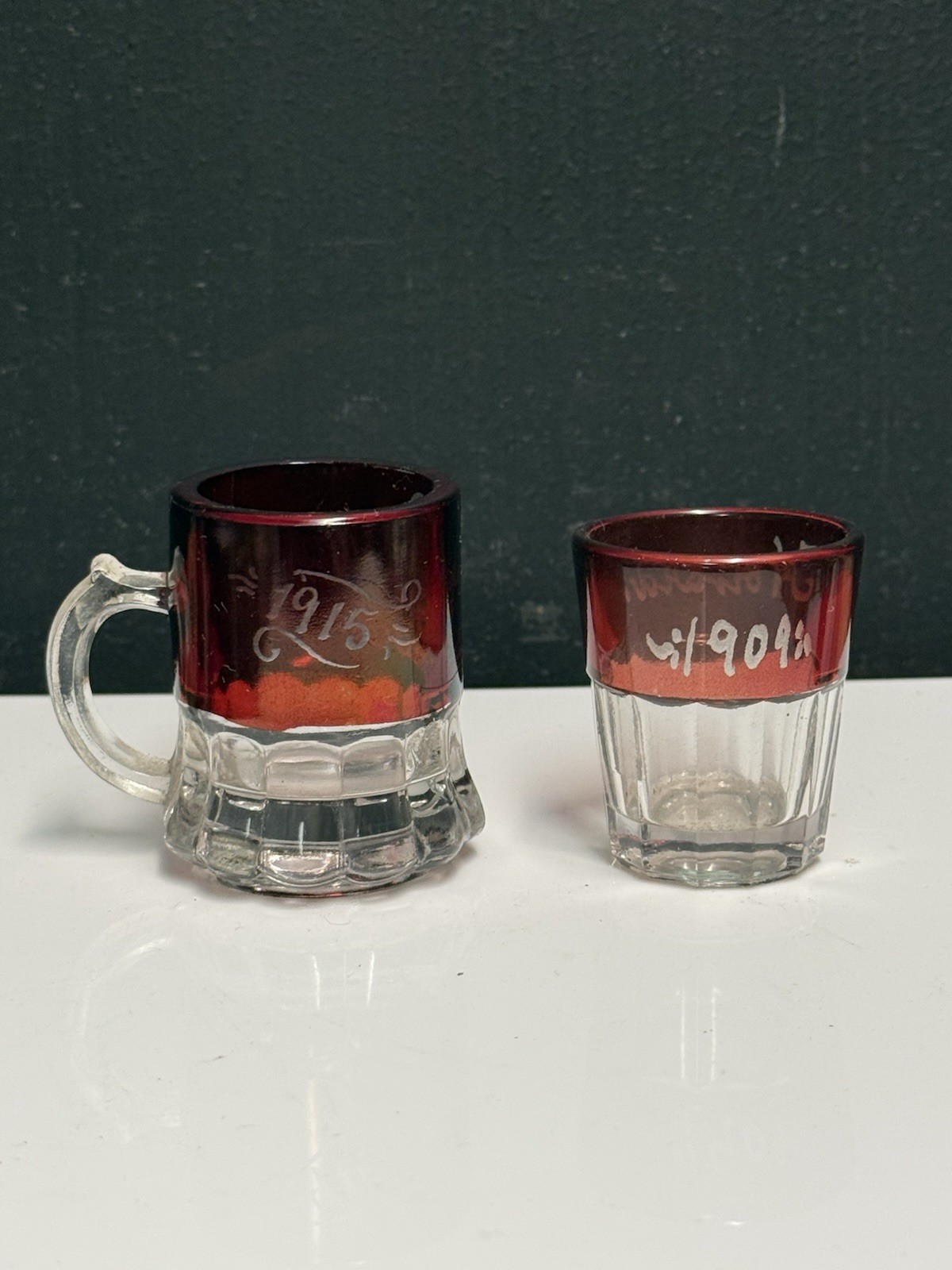 Antique Flashed Red Over Clear Glass Mini Cup And Mug