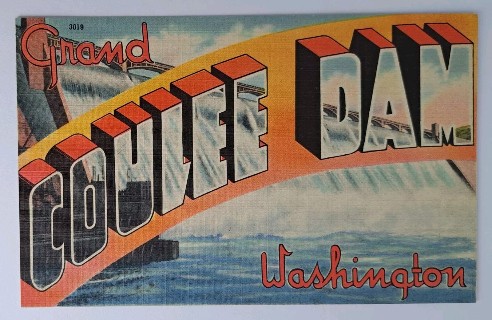 Grand Coulee Dam Washington~Large Letter Linen~Vintage Postcard