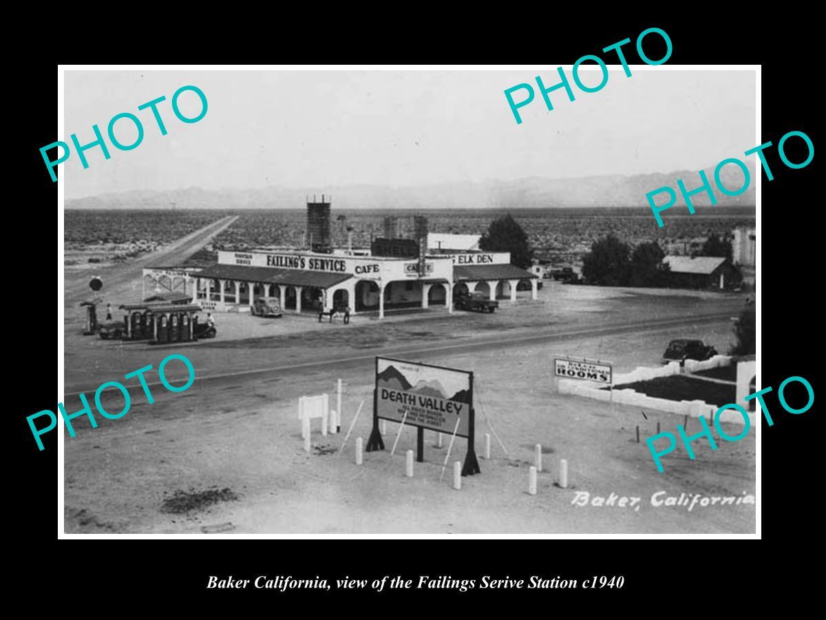 OLD LARGE HISTORIC PHOTO OF BAKER CALIFORNIA THE FAILINGS SERVICE STATION c1940