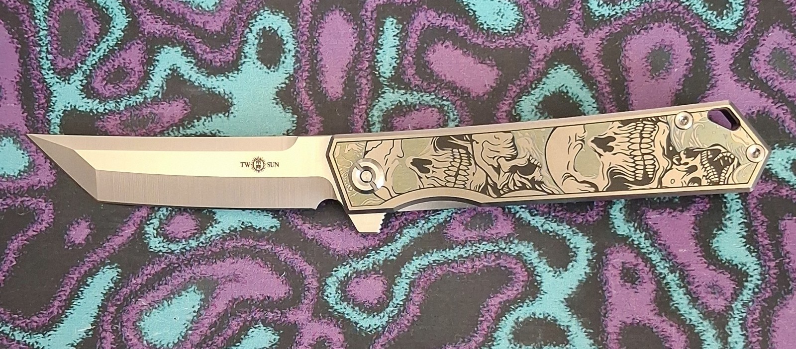 TWOSUN KNIVES TS20 CARVED TITANIUM HANDLE YJ01-V1 BLADE STEEL TANTO FOLDER