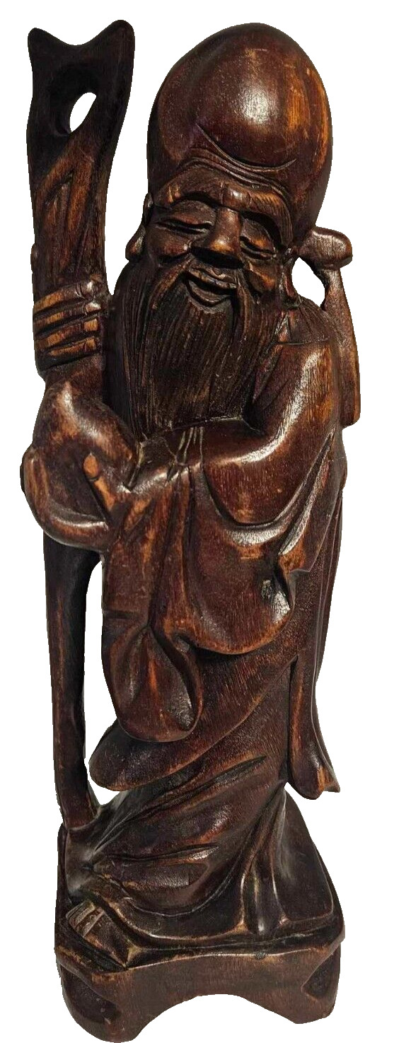 Vintage Chinese Statue Wood Hand Carved Old Wise Man 12” Figurine