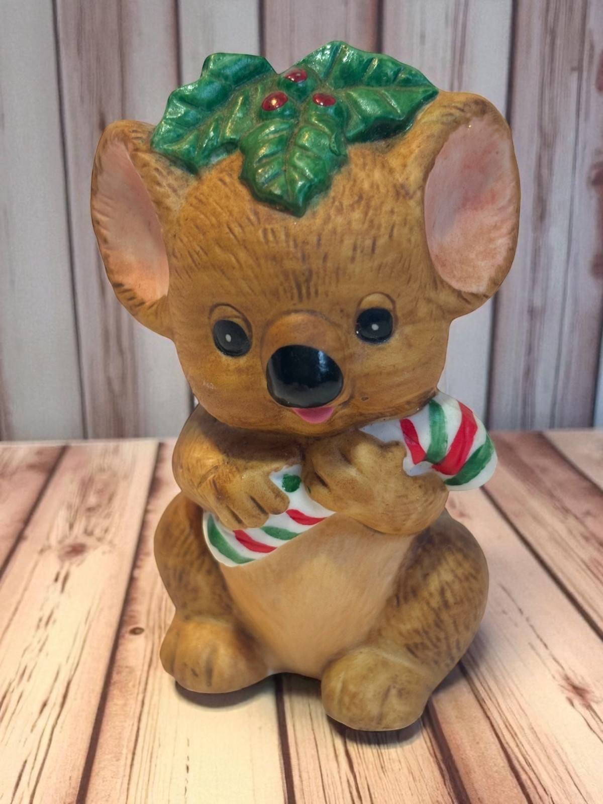 Vintage Ceramic Koala Figurine Holding Candy Cane With Holly Leaf Accent Lefton?