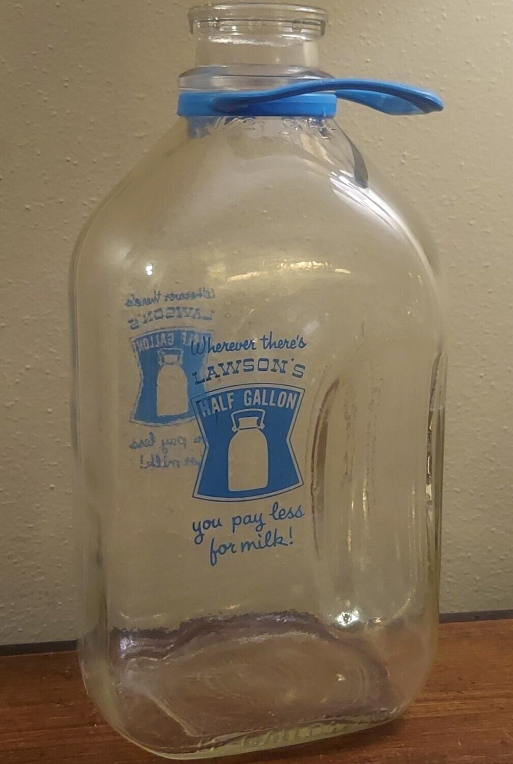 Vintage Lawsons Half Gallon Clear Glass Milk Bottle Blue Plastic Handle
